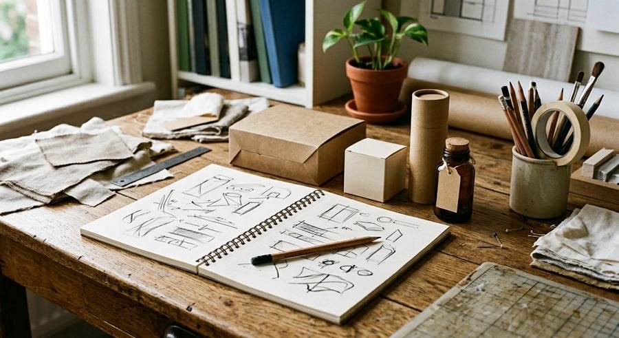 A designer's desk with unbranded sample packaging and a sketch pad, ready for the module plan