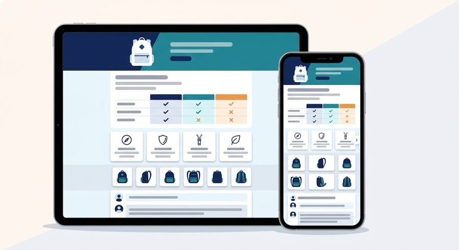 A product detail page on a tablet and phone, with a brand band, comparison chart, feature tiles, product thumbnails and a question block. Placeholder text only.