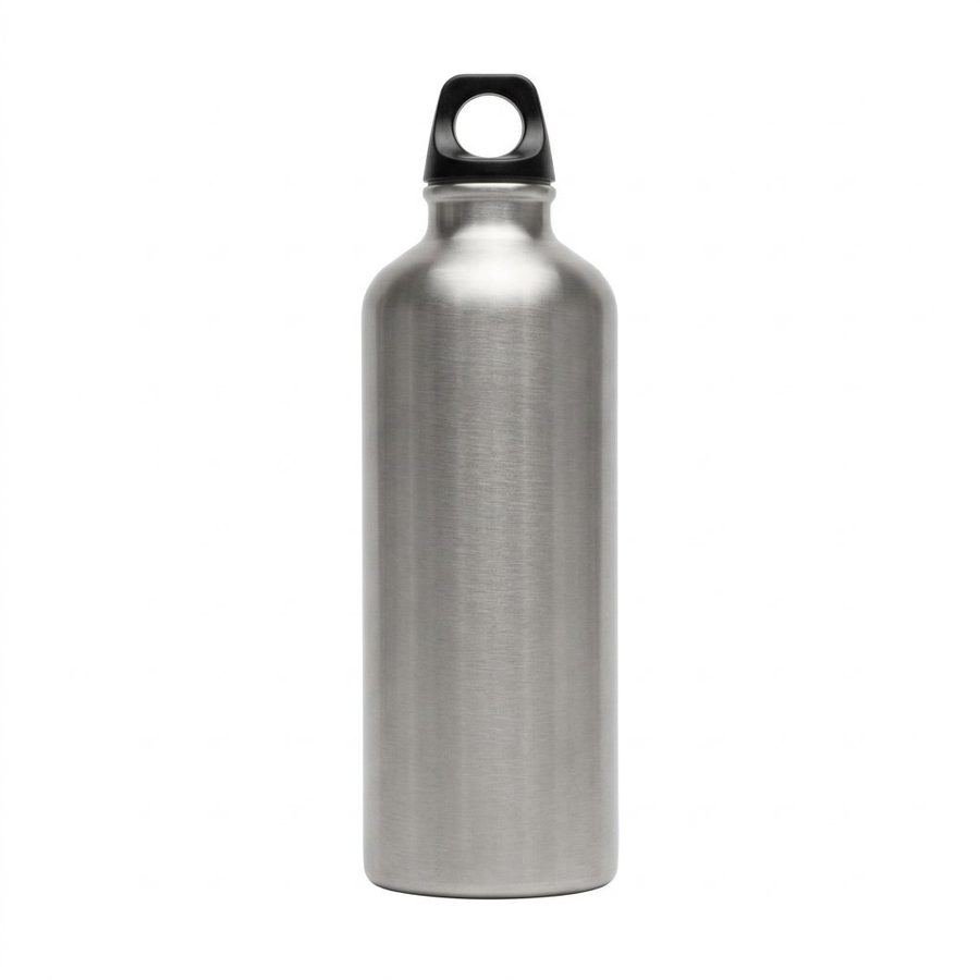 The same steel water bottle at main-image standard: centred on pure white, upright, colour corrected, with no props and no shadow.