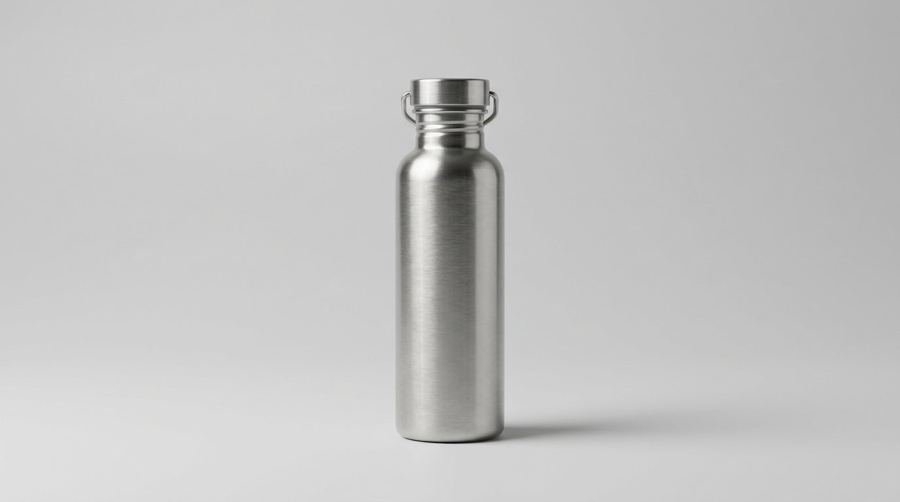 A brushed steel water bottle on a light grey studio backdrop, soft side light and a clean shadow. No text, no people.