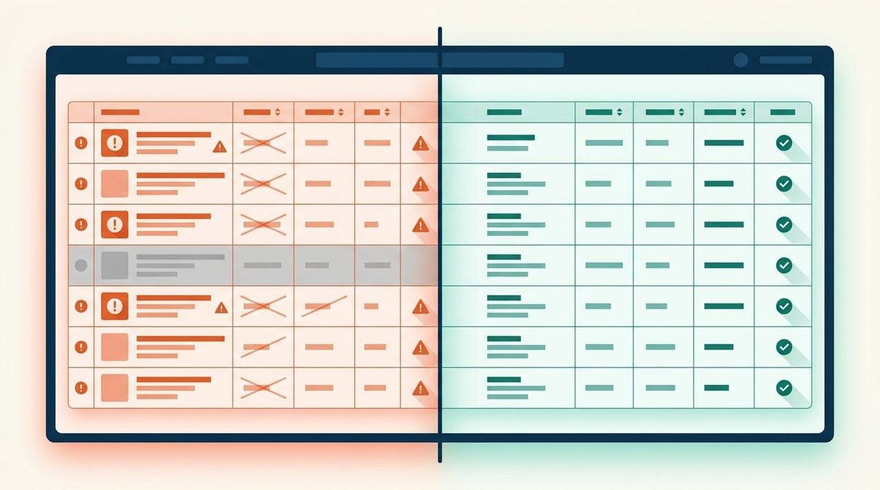 Flat illustration of a product catalog grid in two states: rows flagged with orange error badges and struck cells on the left, repaired rows with teal verification checks on the right