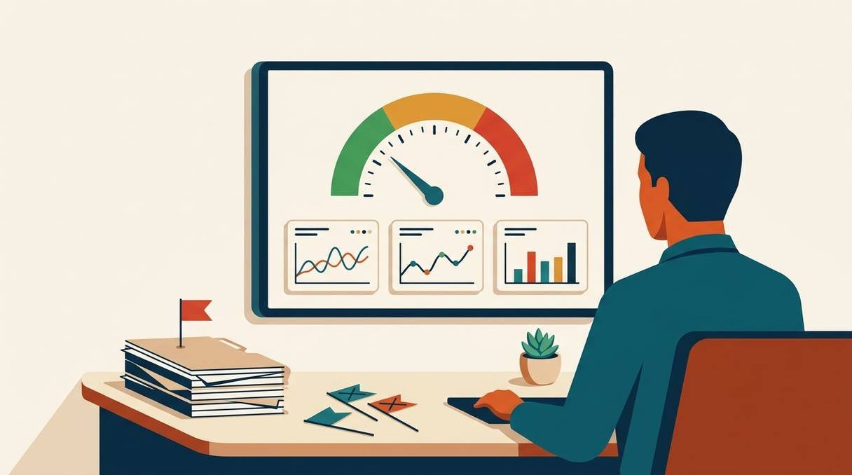 Flat illustration of an operations specialist at a desk facing a large monitor showing a semicircular account-health gauge with green, amber and red arcs, three dashboard tiles beneath, and a case-file stack with resolved flags on the desk