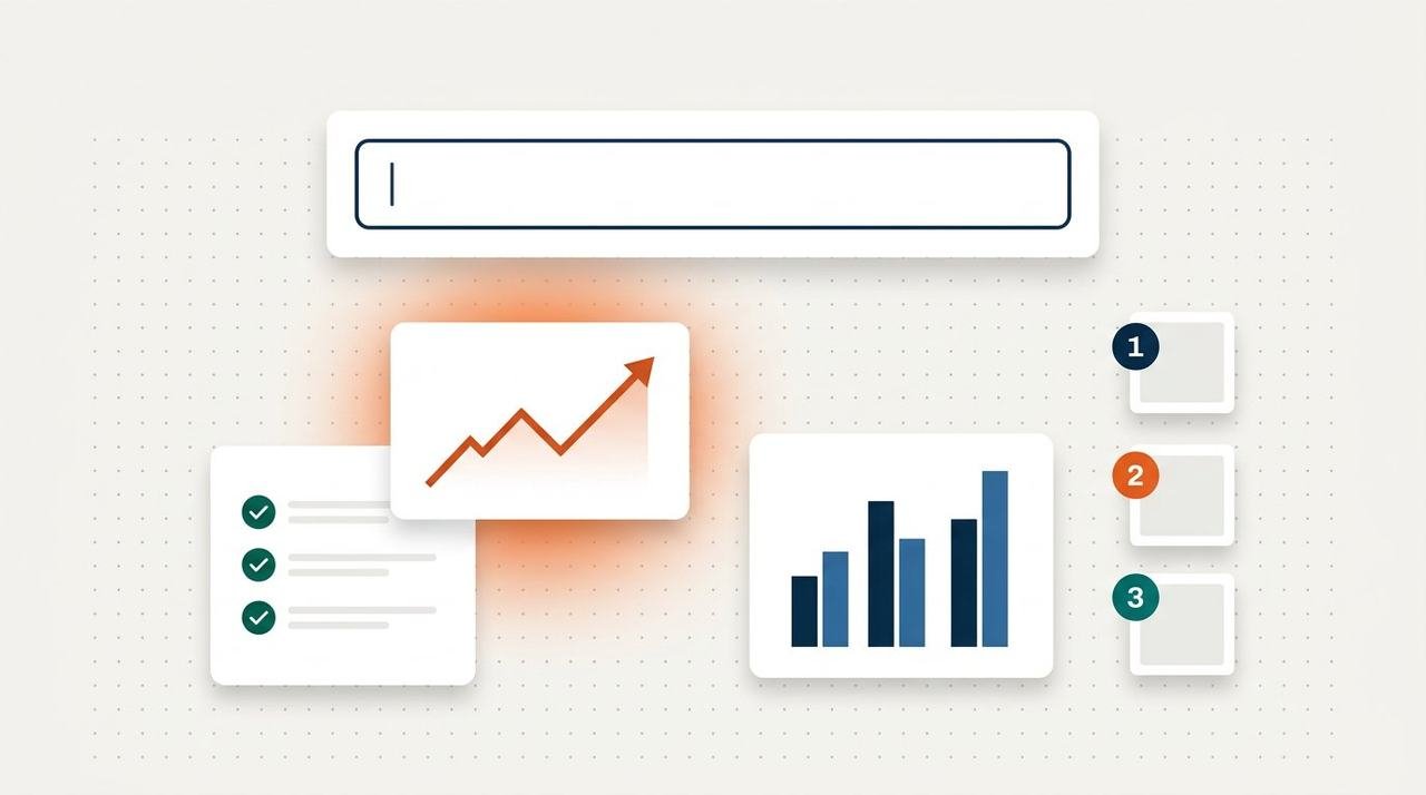 Flat illustration of an Amazon storefront search bar above dashboard cards showing a rising rank graph, an indexing checklist with checkmarks, and query-volume bars