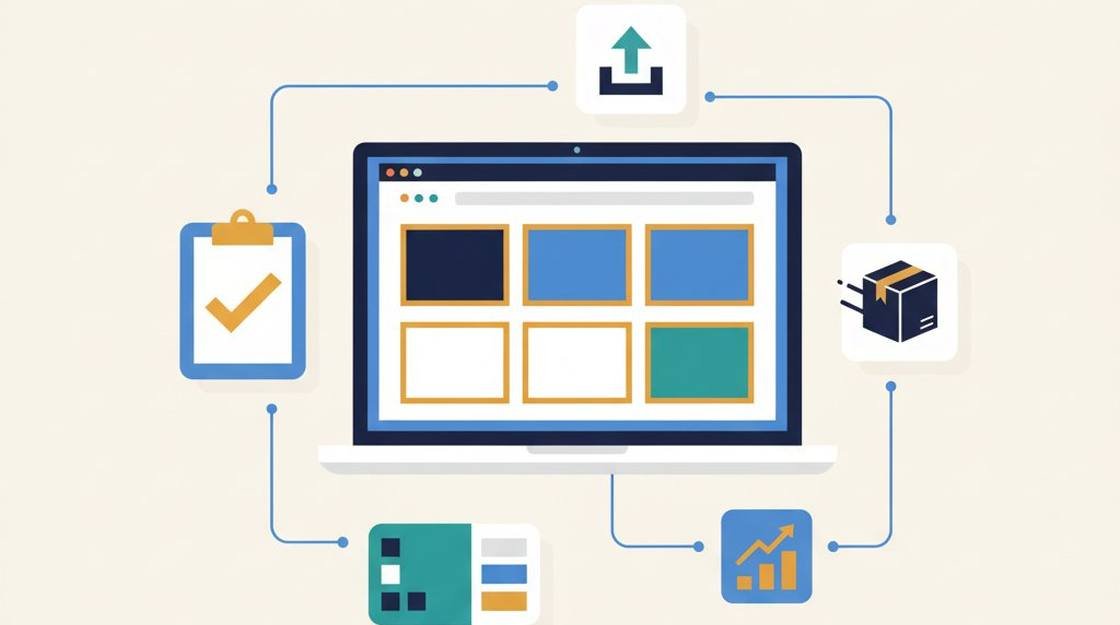 Launch-readiness illustration: a new online storefront grid surrounded by checkmarked panels for account, brand, listings, fulfillment and advertising, drawn as one connected setup project