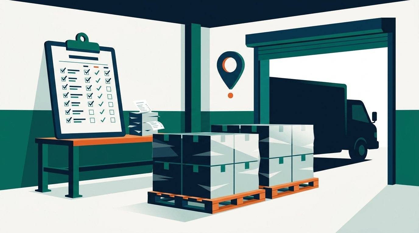 Flat illustration of a warehouse loading dock with two wrapped pallets, a large clipboard checklist on a workbench, a stack of paper receipts, an open dock door with a delivery truck outside and a route-map pin above
