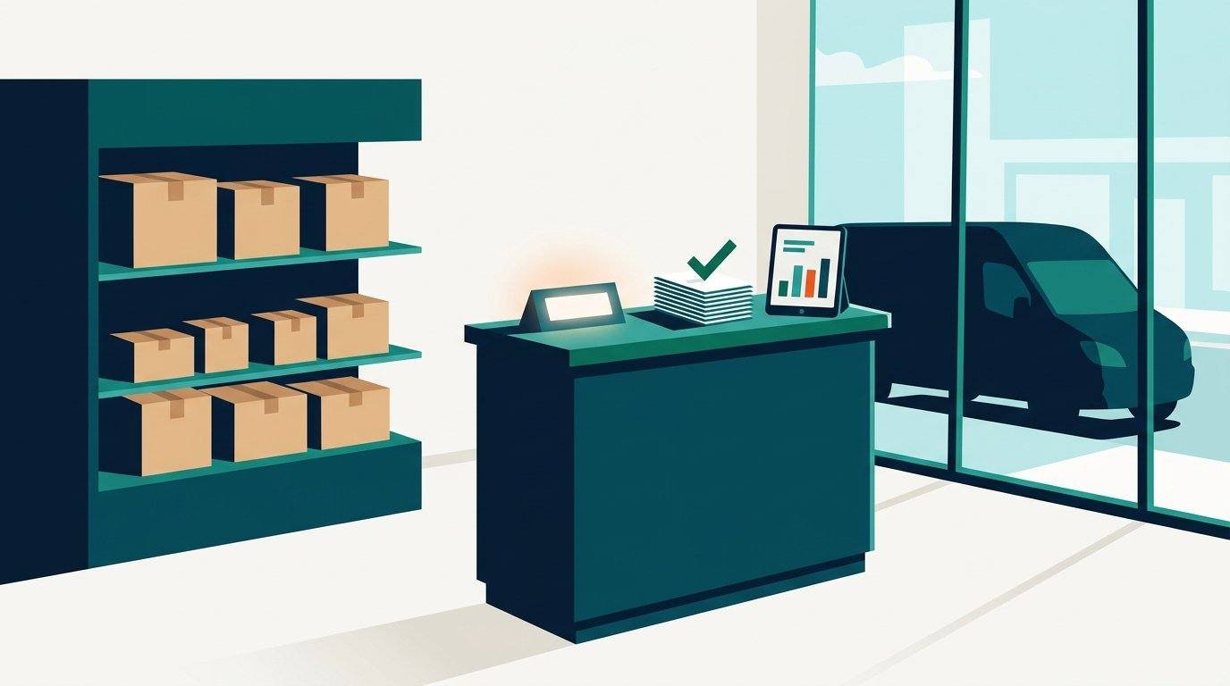 Flat illustration of a bright seller-services counter: a branded shelf of unlabelled boxes kept apart from the counter, a stack of documents with a green check mark, a tablet with abstract bar charts, and a delivery van outside a glass window