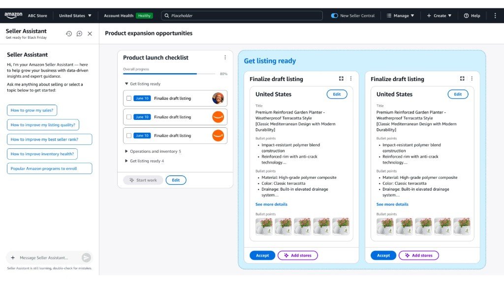 Amazon product listing launch dashboard